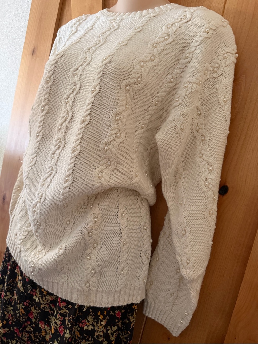 VTG 90s Leslie Fay Pearl Cable Knit Ramie Cotton Oversized Sweater Cottagecore S - Picture 6 of 15